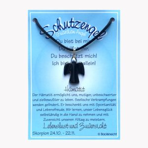 Hämatit Schutzengel Anhänger auf großer Karte für Sternzeichen Skorpion