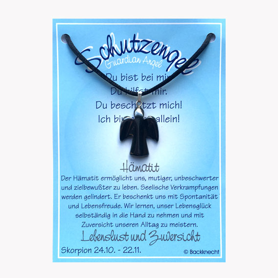 Hämatit Schutzengel Anhänger auf großer Karte für Sternzeichen Skorpion