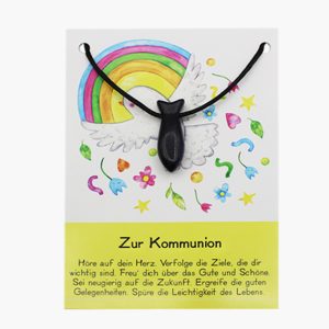 „Zur Kommunion“ Goldfluss blau Fisch Anhänger gebohrt auf großer Karte