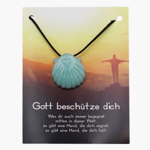 „Gott beschütze dich“ Jakobsmuschel Anhänger aus Amazonit auf großer Karte