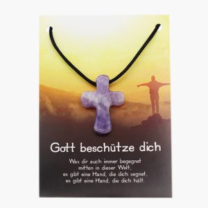 „Gott beschütze dich“ Amethyst Kreuz Anhänger auf grosser Karte