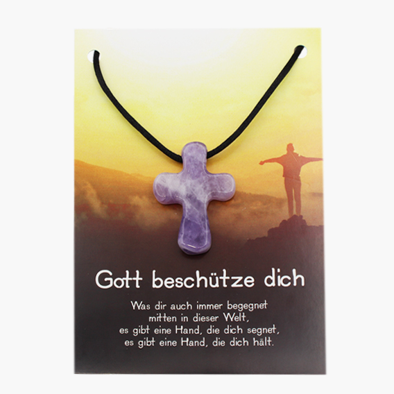 „Gott beschütze dich“ Amethyst Kreuz Anhänger auf grosser Karte