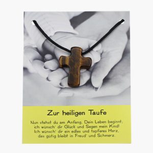 „Zur heiligen Taufe“ Pilgerkreuz Anhänger aus Tigerauge auf großer Karte