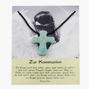 „Zur Kommunion“ Amazonit Pilgerkreuz Anhänger auf großer Karte