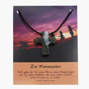 „Zur Kommunion“ Pilgerkreuz Anhänger aus Moosachat auf großer Karte
