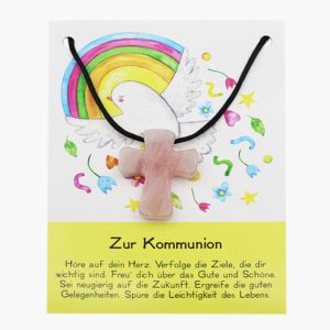 „Zur Kommunion“ Rosenquarz Pilgerkreuz Anhänger auf großer Karte