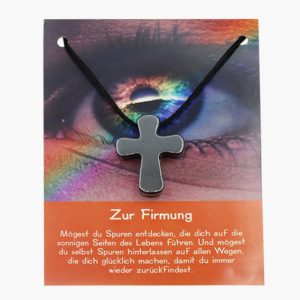 „Zur Firmung“ Pilgerkreuz Anhänger aus Hämatit auf großer Karte