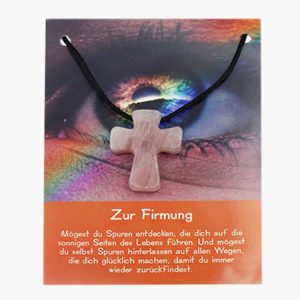 „Zur Firmung“ Pilgerkreuz Anhänger aus Rosenquarz auf großer Karte