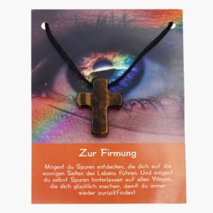 „Zur Firmung“ Pilgerkreuz Anhänger aus Tigerauge auf großer Karte
