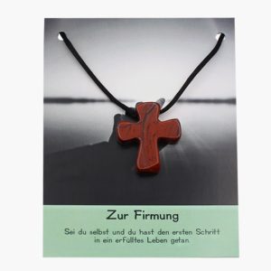 „Zur Firmung“ Jaspis rot Pilgerkreuz Anhänger auf großer Karte