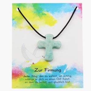 „Zur Firmung“ Pilgerkreuz Anhänger aus Amazonit auf großer Karte