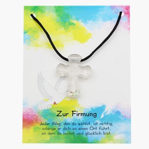 „Zur Firmung“ Pilgerkreuz Anhänger aus Bergkristall auf großer Karte