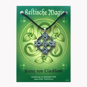 Anhänger Kreuz von Clackham – Keltische Magie Amulett aus Zinn auf großer Karte mit Infoheft