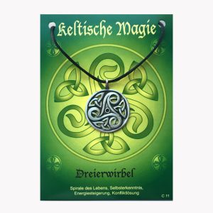 Anhänger Dreierwirbel – Keltische Magie Amulett aus Zinn auf großer Karte mit Infoheft