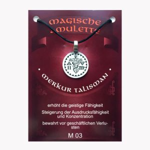 Anhänger Merkur Talisman – Magische Amulette aus Zinn auf großer Karte mit Infoheft