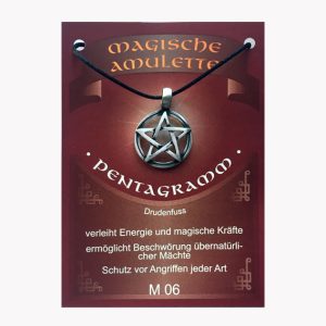 Anhänger Pentagram – Magische Amulette aus Zinn auf großer Karte mit Infoheft