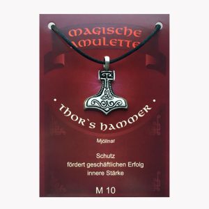 Anhänger Thors Hammer – Magische Amulette aus Zinn auf großer Karte mit Infoheft