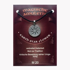 Anhänger Earth Star Flower – Magische Amulette aus Zinn auf großer Karte mit Infoheft