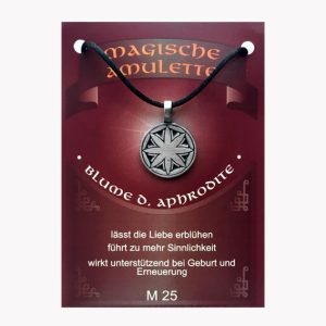 Anhänger Blume der Aphrodite – Magische Amulette aus Zinn auf großer Karte mit Infoheft