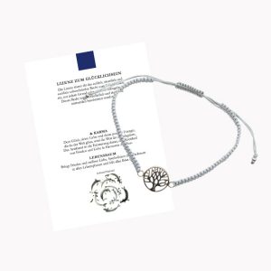Glücksarmband Freundschaftsarmband mit Lebensbaum mit geknüpftem Textilband grau mit Glückskarte