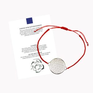 Glücksarmband Freundschaftsarmband mit Blume des Lebens gross mit geknüpftem Textilband rot mit Glückskarte