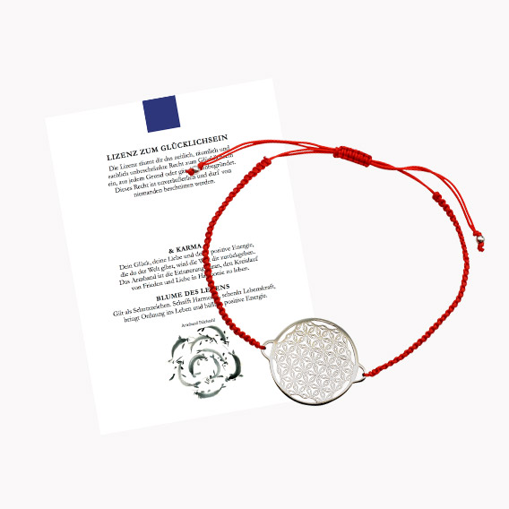 Glücksarmband Freundschaftsarmband mit Blume des Lebens gross mit geknüpftem Textilband rot mit Glückskarte