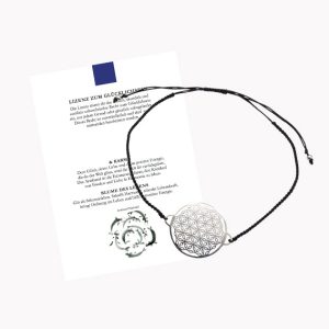 Glücksarmband Freundschaftsarmband mit Blume des Lebens gross mit geknüpftem Textilband schwarz mit Glückskarte