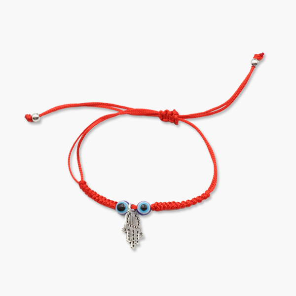 Geknüpftes Armband rot mit Fatimas Hand & Evil Eye