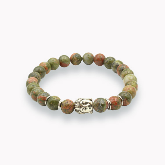 Epidot (Unakit) Kugelarmband mit Buddha Perle silber