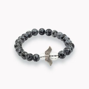 Schneeflockenobsidian Kugelarmband mit facettierten Bergkristall Engel