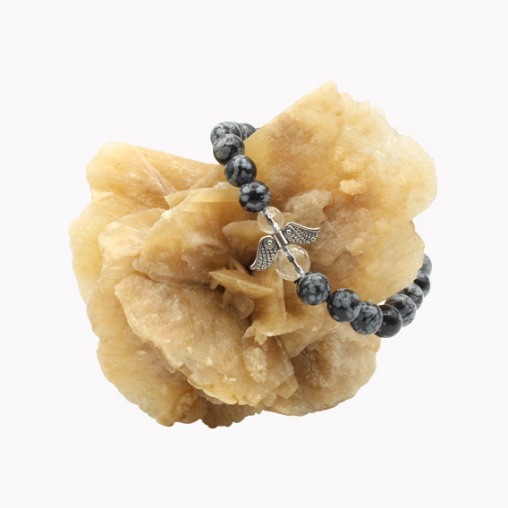 Schneeflockenobsidian Kugelarmband mit facettierten Bergkristall Engel – Bild 2