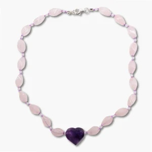 Rosenquarz Kette mit Amethyst Herz