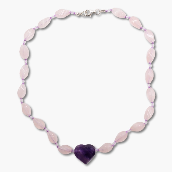 Rosenquarz Kette mit Amethyst Herz