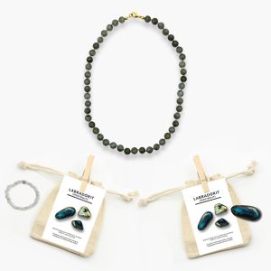 Labradorit Set aus Kugel Kette + Trommelstein + Ring