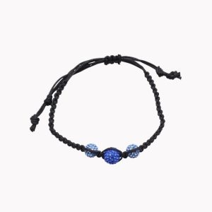 Armband geflochten mit Shamballa Perlen im Leinenbeutel Glitzer mit 3 Perlen hellblau / royalblau