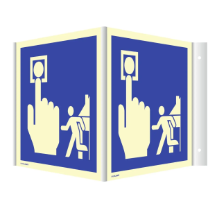 Nasenschild nach ISO 7010 / F005, zweiseitig bedruckt, mit 2 Symbolen “Hausalarm Brandmelder Evakuierung”
